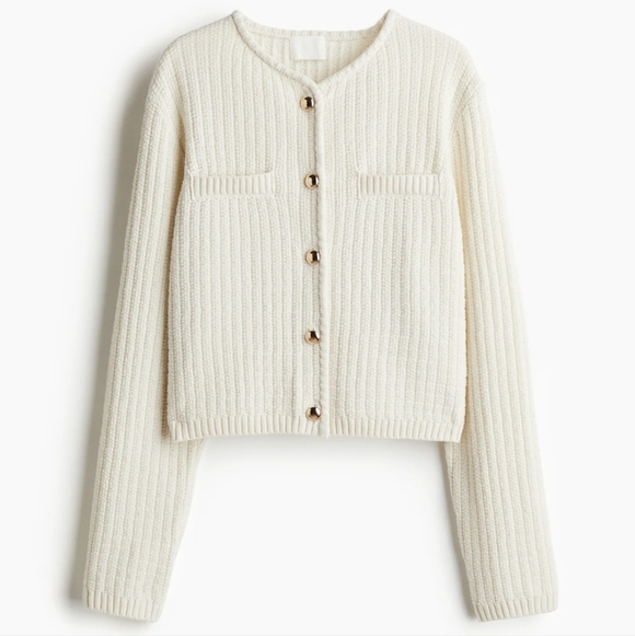 H&M Soft Cream Moss-Knit Cardigan XXL Gold Buttons Preppy Academia Cottagecore - Picture 2 of 10